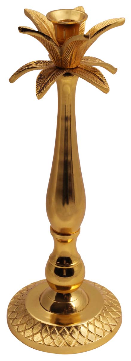 16” Aluminum Palm-Tree Candle-Holder in Golden Tone – Embossed - Antique-Look Home Décor / Housewarming Gifts